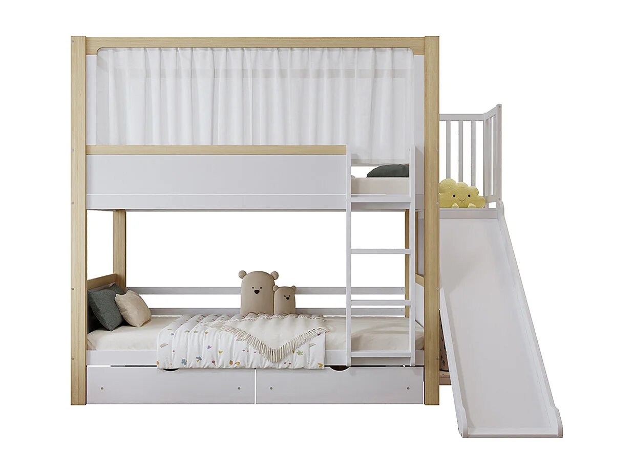Lit superposé enfant 90x200 deux tiroirs roulettes toboggan lit supérieur rideau tissu pin MDF contreplaqué blanc et naturel