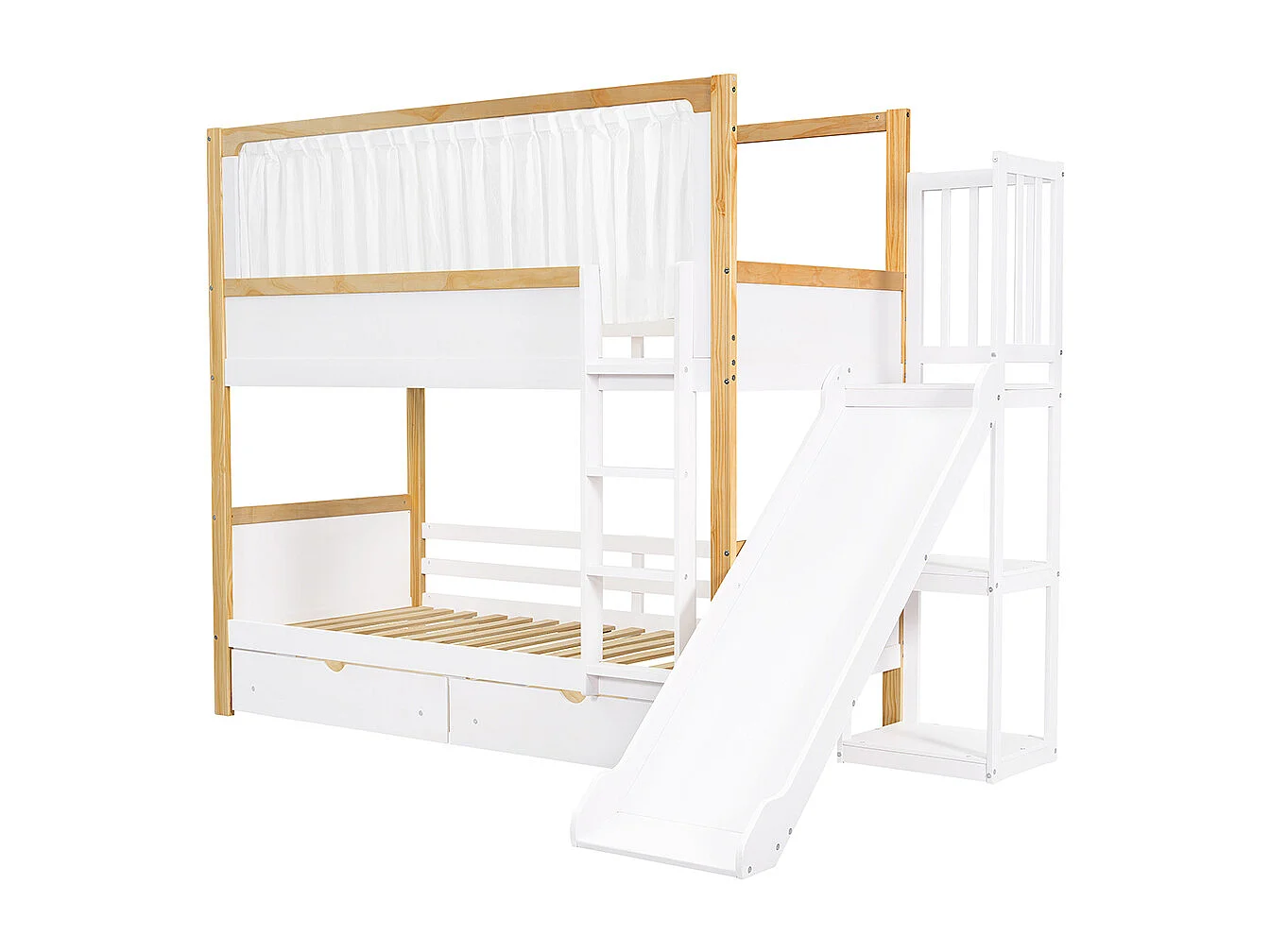 Lit superposé enfant 90x200 deux tiroirs roulettes toboggan lit supérieur rideau tissu pin MDF contreplaqué blanc et naturel