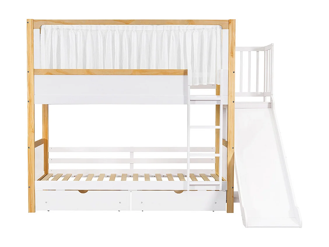 Lit superposé enfant 90x200 deux tiroirs roulettes toboggan lit supérieur rideau tissu pin MDF contreplaqué blanc et naturel