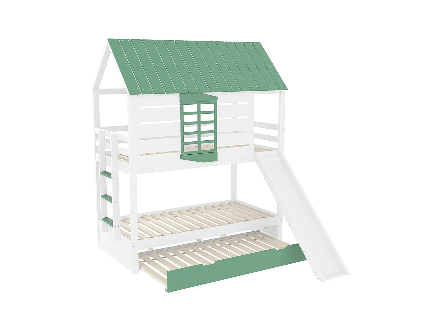 Lit superposé maison 90x200 toboggan lit gigogne blanc vert