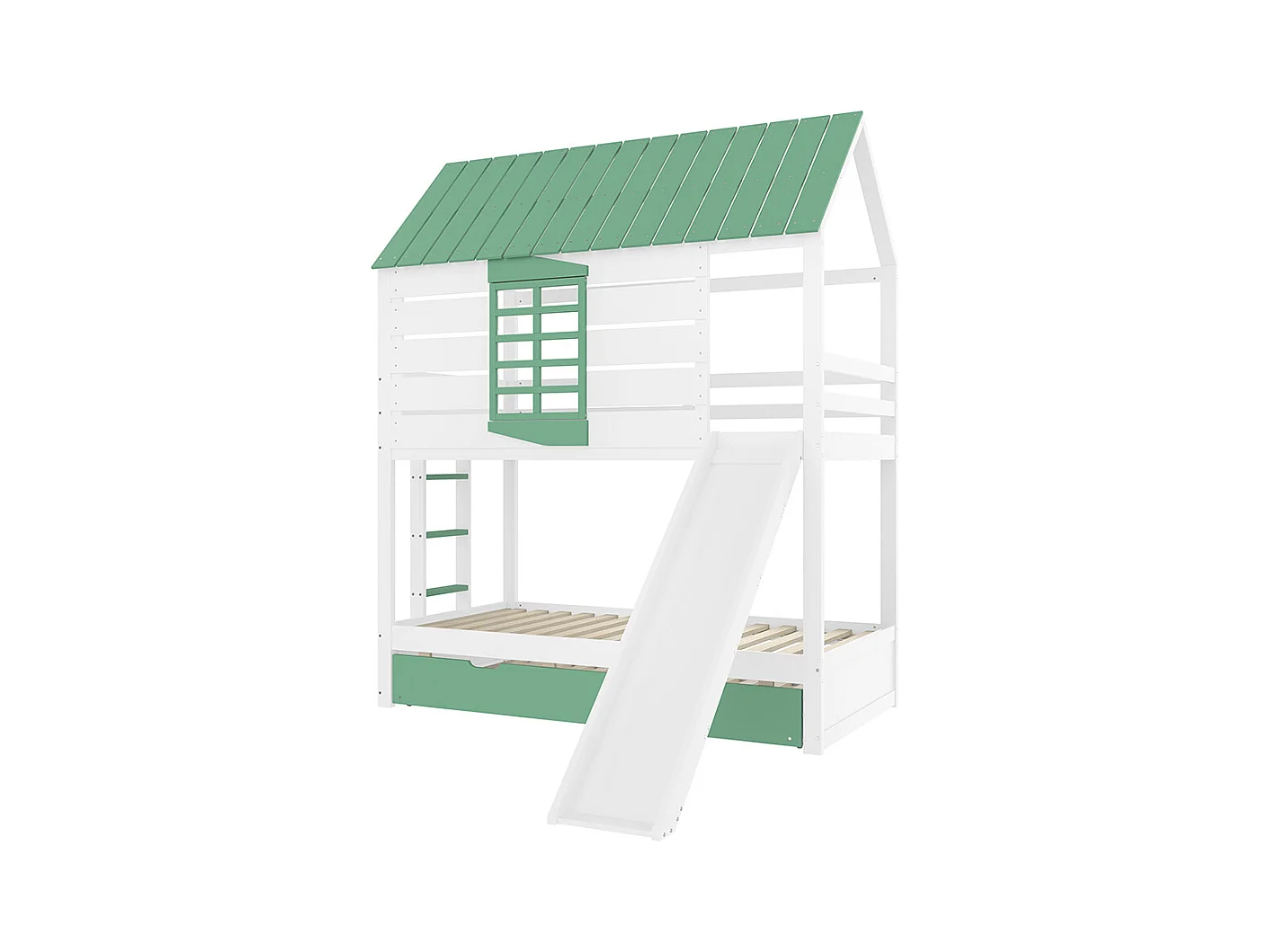 Lit superposé maison 90x200 toboggan lit gigogne blanc vert