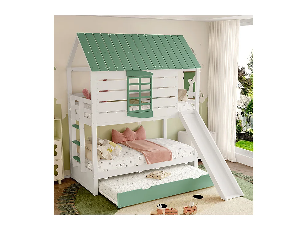 Lit superposé maison 90x200 toboggan lit gigogne blanc vert