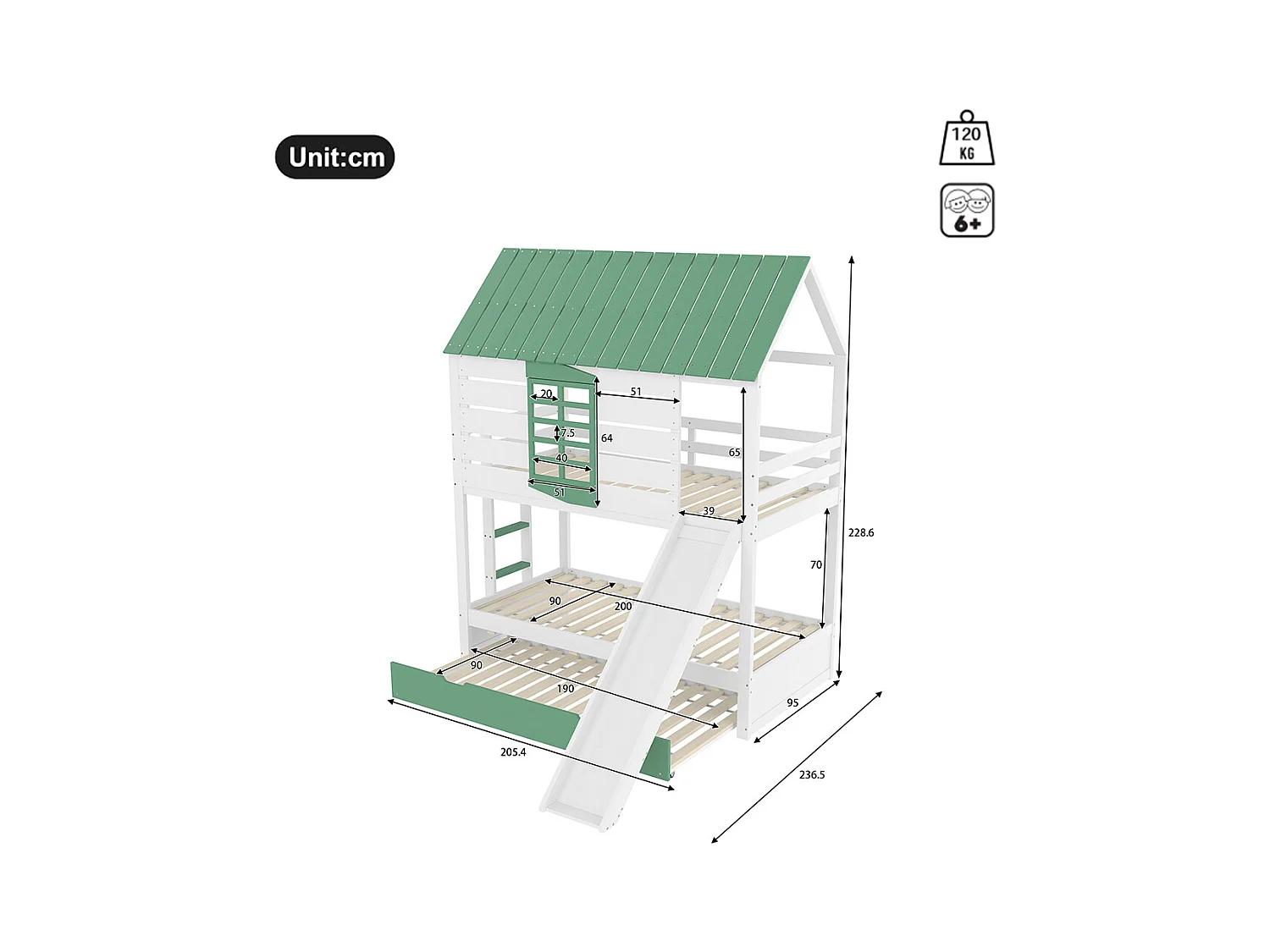 Lit superposé maison 90x200 toboggan lit gigogne blanc vert