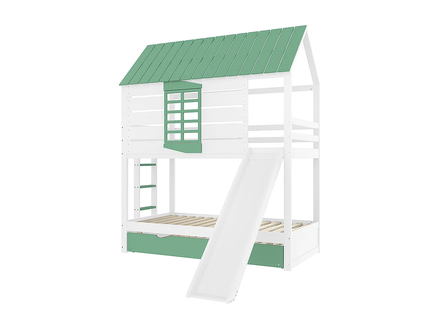 Lit superposé maison 90x200 toboggan lit gigogne blanc vert
