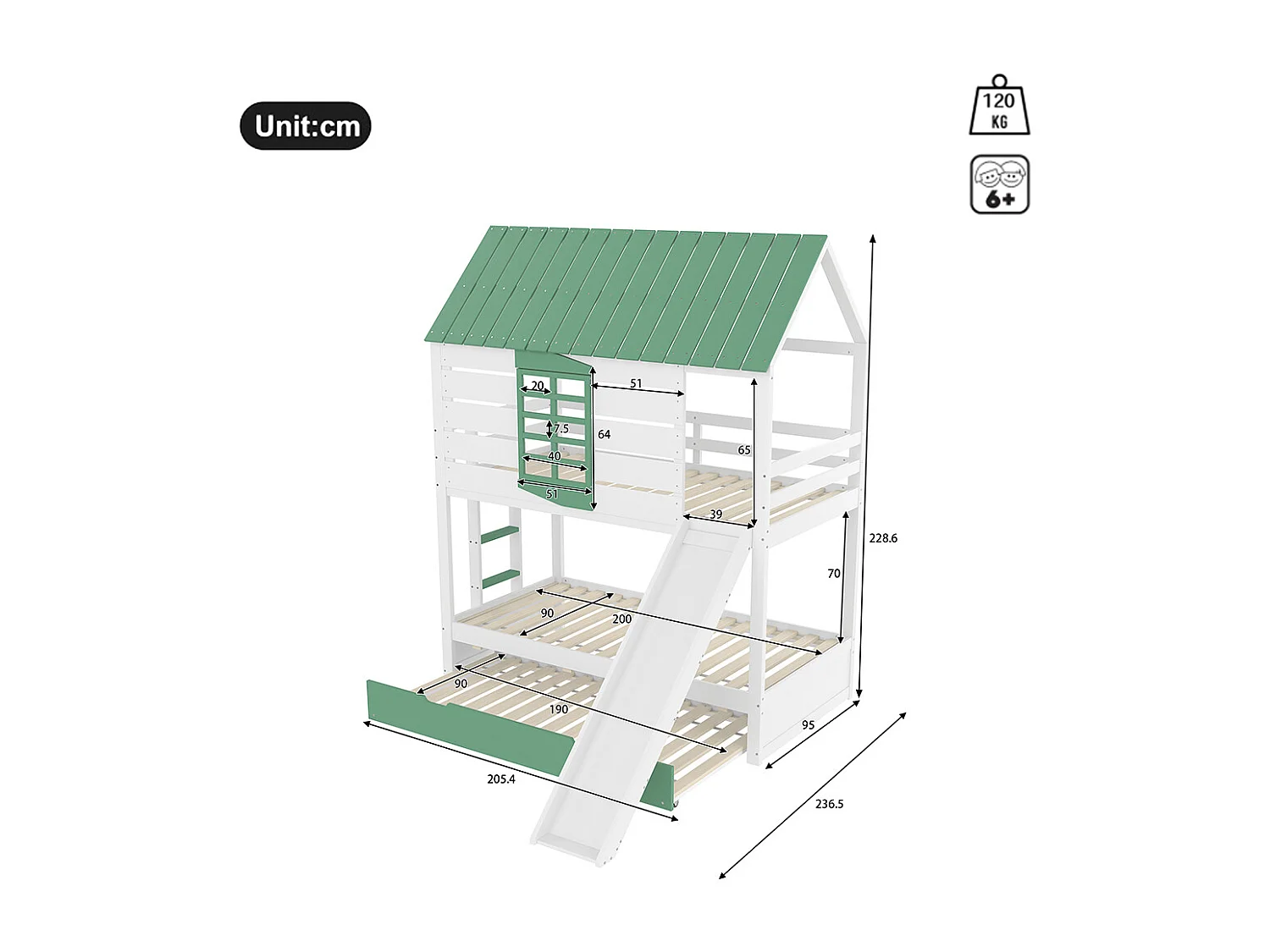Lit superposé maison 90x200 toboggan lit gigogne blanc vert