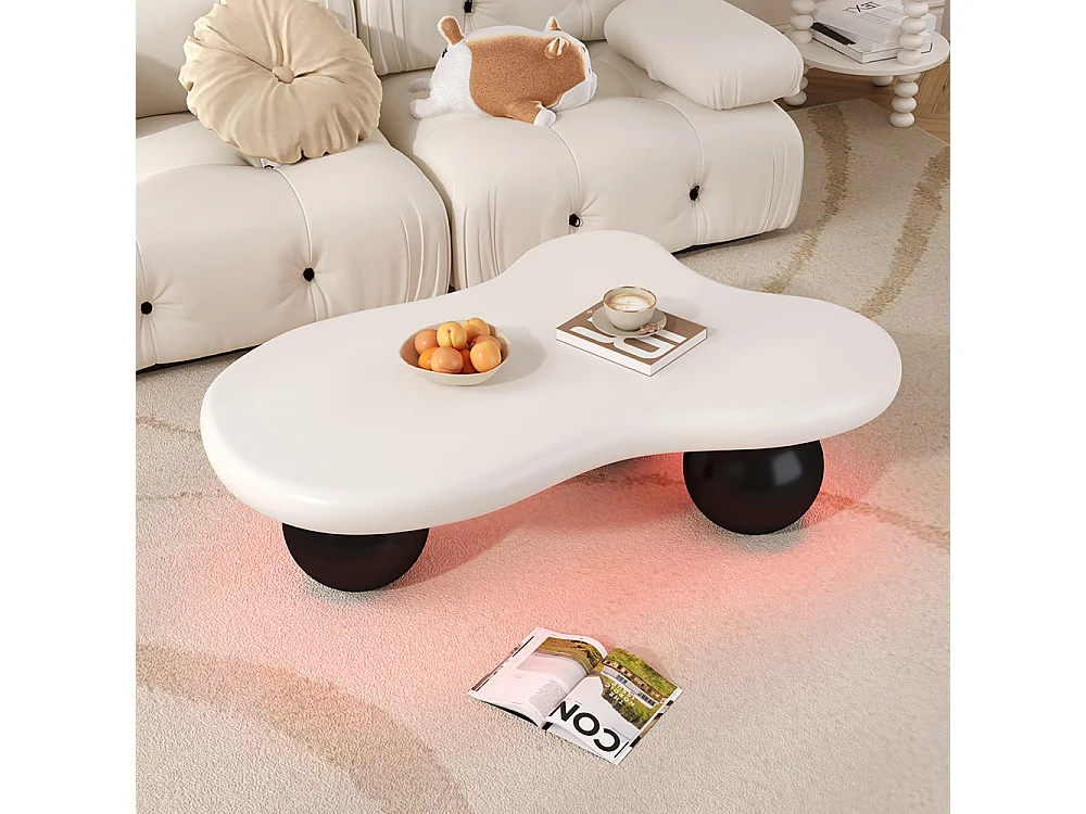 Table basse blanc style nuage avec éclairage LED 16 couleurs disponibles noir pieds ronds touche élégante pour un salon ou une chambre d'enfant moderne
