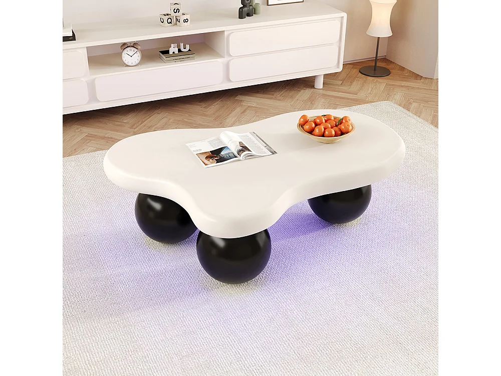 Table basse blanc style nuage avec éclairage LED 16 couleurs disponibles noir pieds ronds touche élégante pour un salon ou une chambre d'enfant moderne