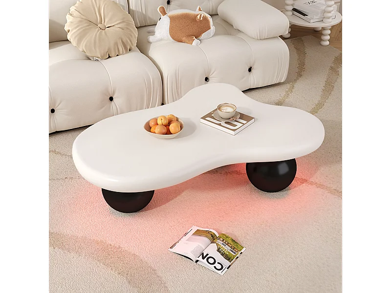 Table basse blanc style nuage avec éclairage LED 16 couleurs disponibles noir pieds ronds touche élégante pour un salon ou une chambre d'enfant moderne
