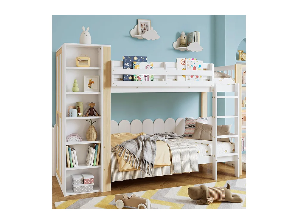 Lit superposé 90x200 cm enfant protection anti-chute barreaux échelle 4 marches 6 étagères ouvertes armoire côté grand rangement pin PB blanc naturel
