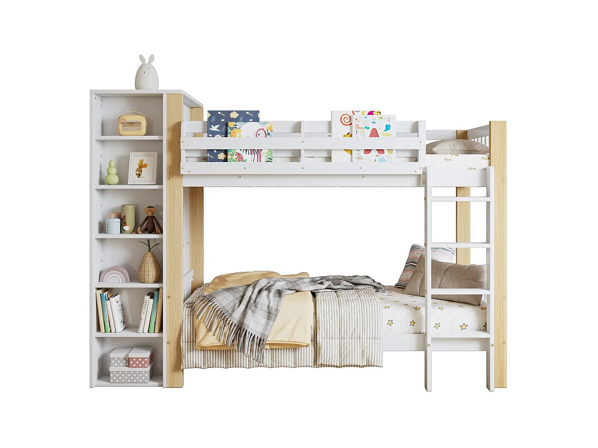 Lit superposé 90x200 cm enfant protection anti-chute barreaux échelle 4 marches 6 étagères ouvertes armoire côté grand rangement pin PB blanc naturel