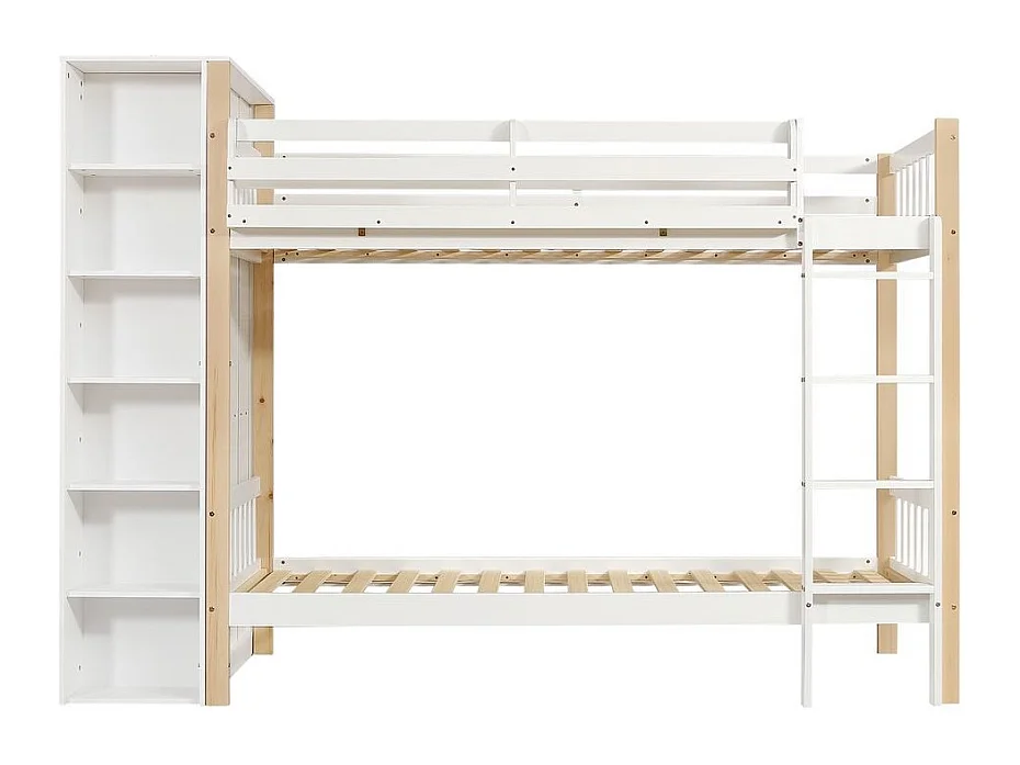 Lit superposé 90x200 cm enfant protection anti-chute barreaux échelle 4 marches 6 étagères ouvertes armoire côté grand rangement pin PB blanc naturel