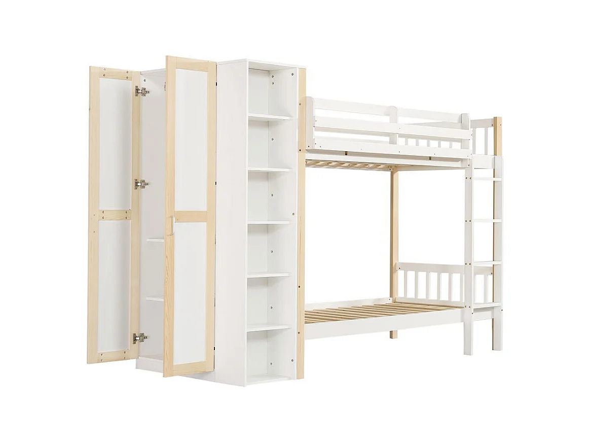 Lit superposé 90x200 cm enfant protection anti-chute barreaux échelle 4 marches 6 étagères ouvertes armoire côté grand rangement pin PB blanc naturel