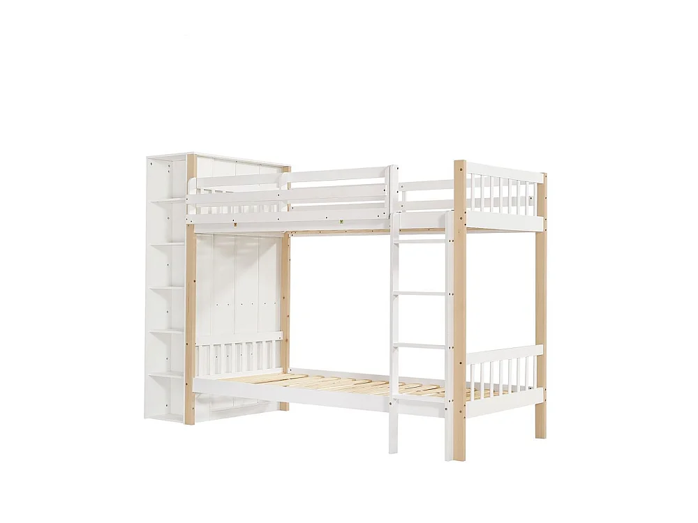 Lit superposé 90x200 cm enfant protection anti-chute barreaux échelle 4 marches 6 étagères ouvertes armoire côté grand rangement pin PB blanc naturel