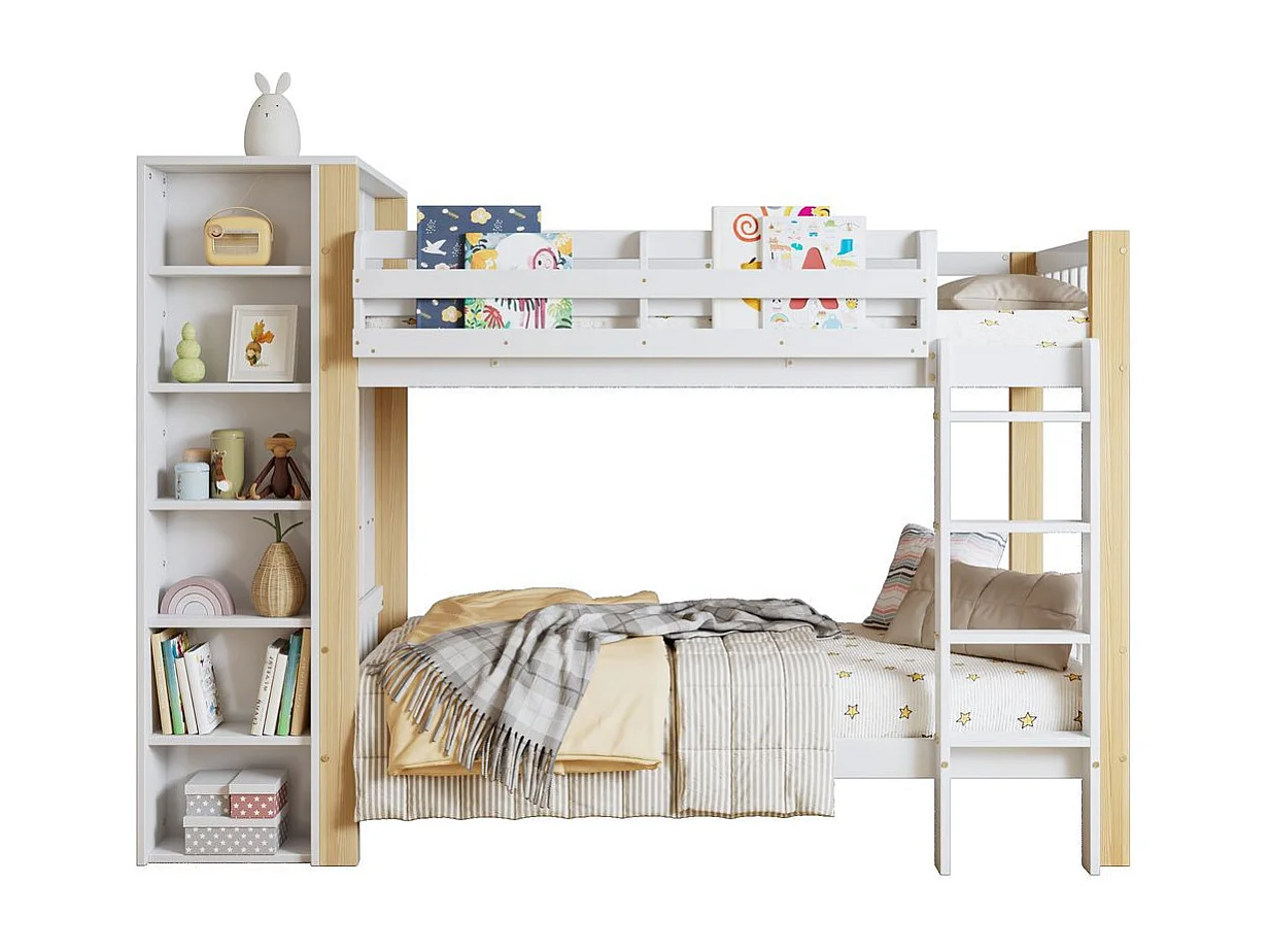 Lit superposé 90x200 cm enfant protection anti-chute barreaux échelle 4 marches 6 étagères ouvertes armoire côté grand rangement pin PB blanc naturel