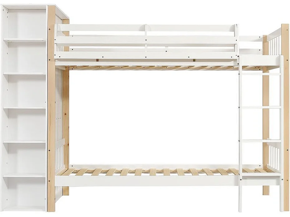 Lit superposé 90x200 cm enfant protection anti-chute barreaux échelle 4 marches 6 étagères ouvertes armoire côté grand rangement pin PB blanc naturel