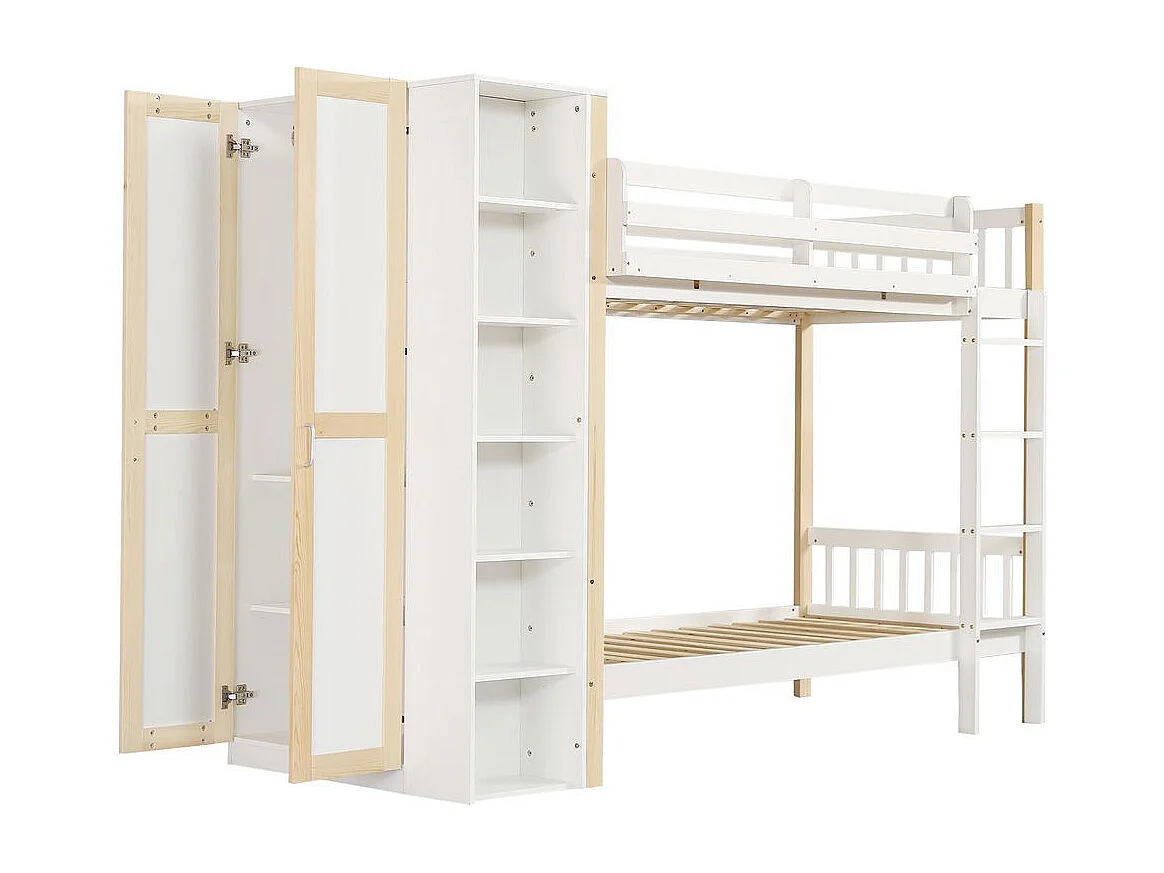 Lit superposé 90x200 cm enfant protection anti-chute barreaux échelle 4 marches 6 étagères ouvertes armoire côté grand rangement pin PB blanc naturel
