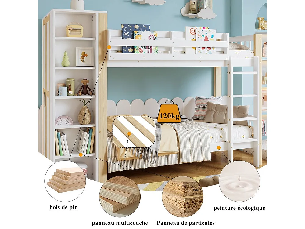 Lit superposé 90x200 cm enfant protection anti-chute barreaux échelle 4 marches 6 étagères ouvertes armoire côté grand rangement pin PB blanc naturel
