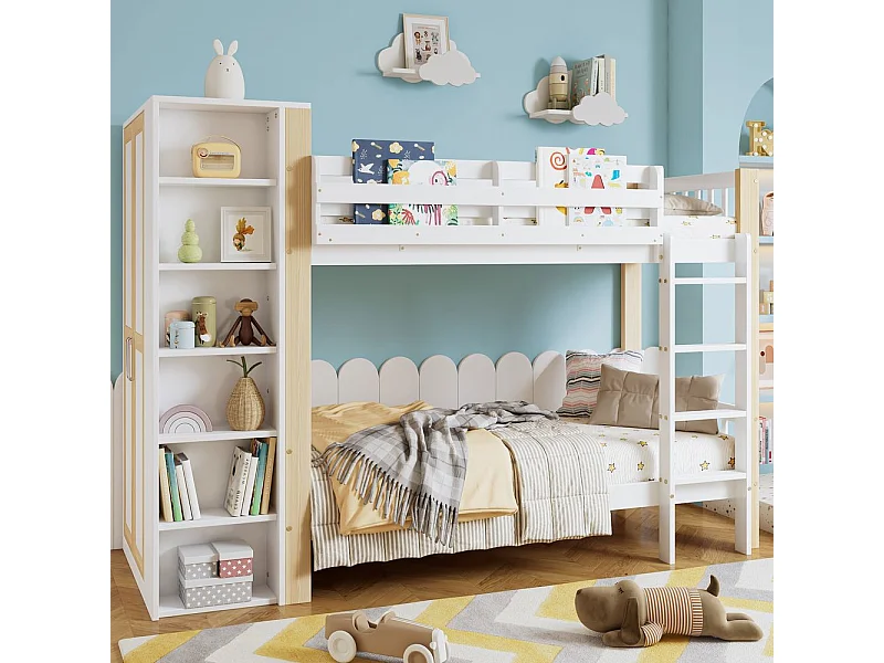 Lit superposé 90x200 cm enfant protection anti-chute barreaux échelle 4 marches 6 étagères ouvertes armoire côté grand rangement pin PB blanc naturel