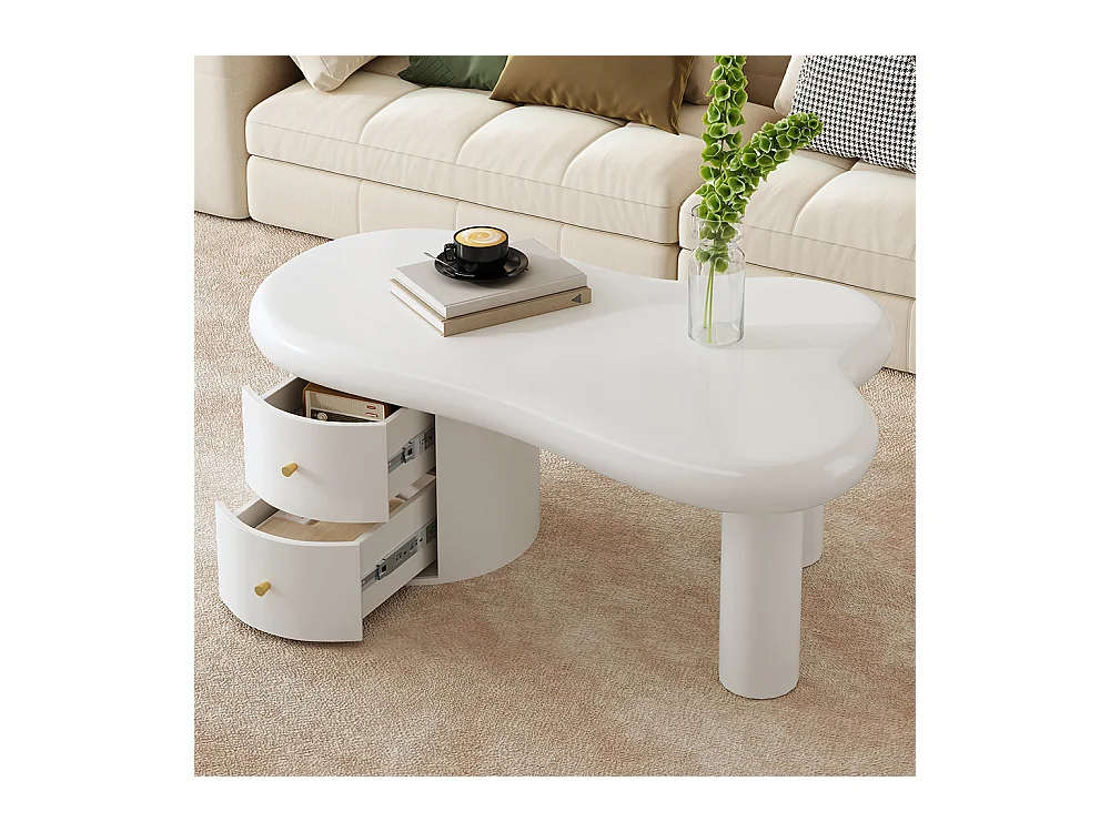 Table basse moderne blanche de forme irrégulière 2 tiroirs peu encombrante élégante stable parfaite blanc