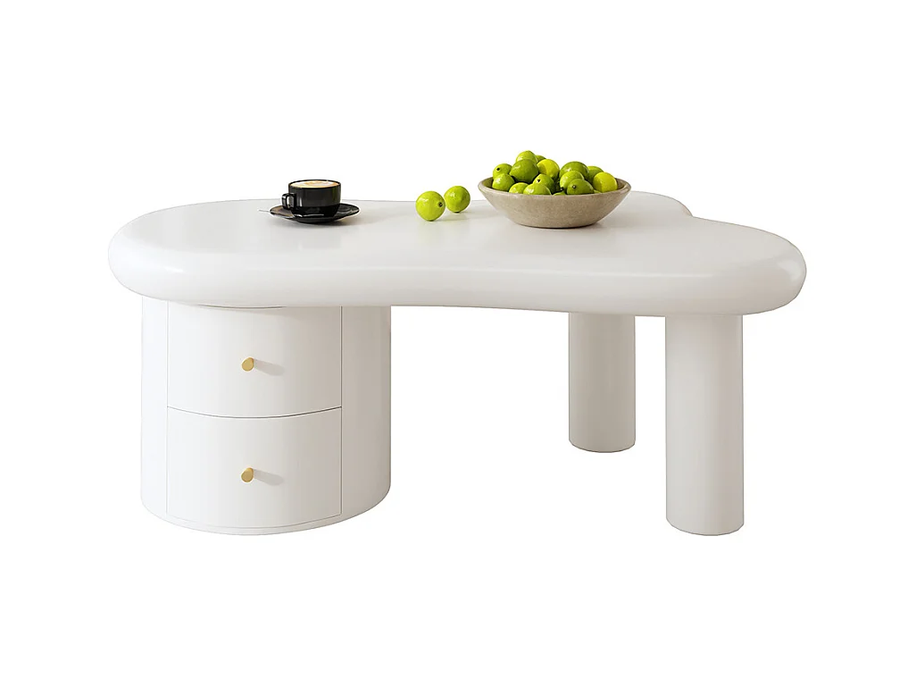 Table basse moderne blanche de forme irrégulière 2 tiroirs peu encombrante élégante stable parfaite blanc