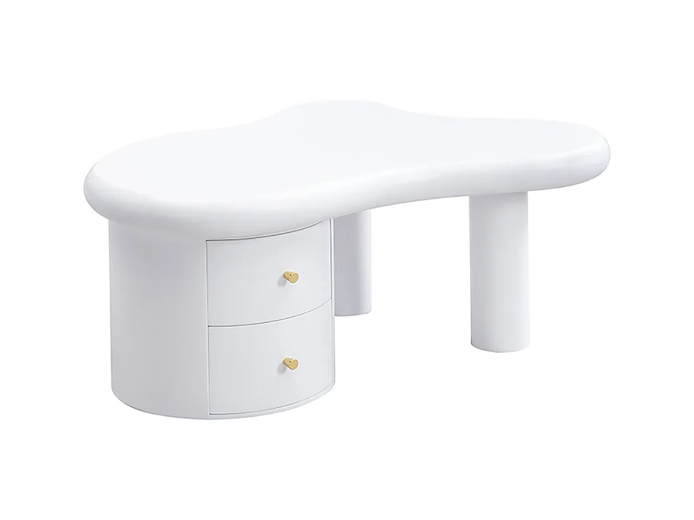 Table basse moderne blanche de forme irrégulière 2 tiroirs peu encombrante élégante stable parfaite blanc