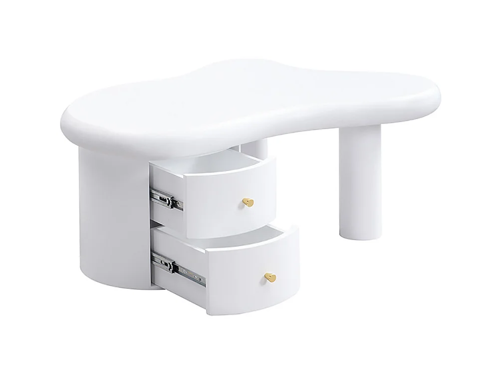 Table basse moderne blanche de forme irrégulière 2 tiroirs peu encombrante élégante stable parfaite blanc