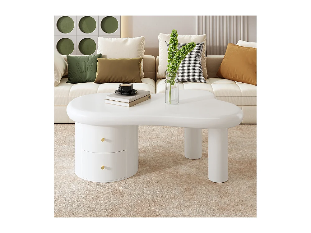 Table basse moderne blanche de forme irrégulière 2 tiroirs peu encombrante élégante stable parfaite blanc
