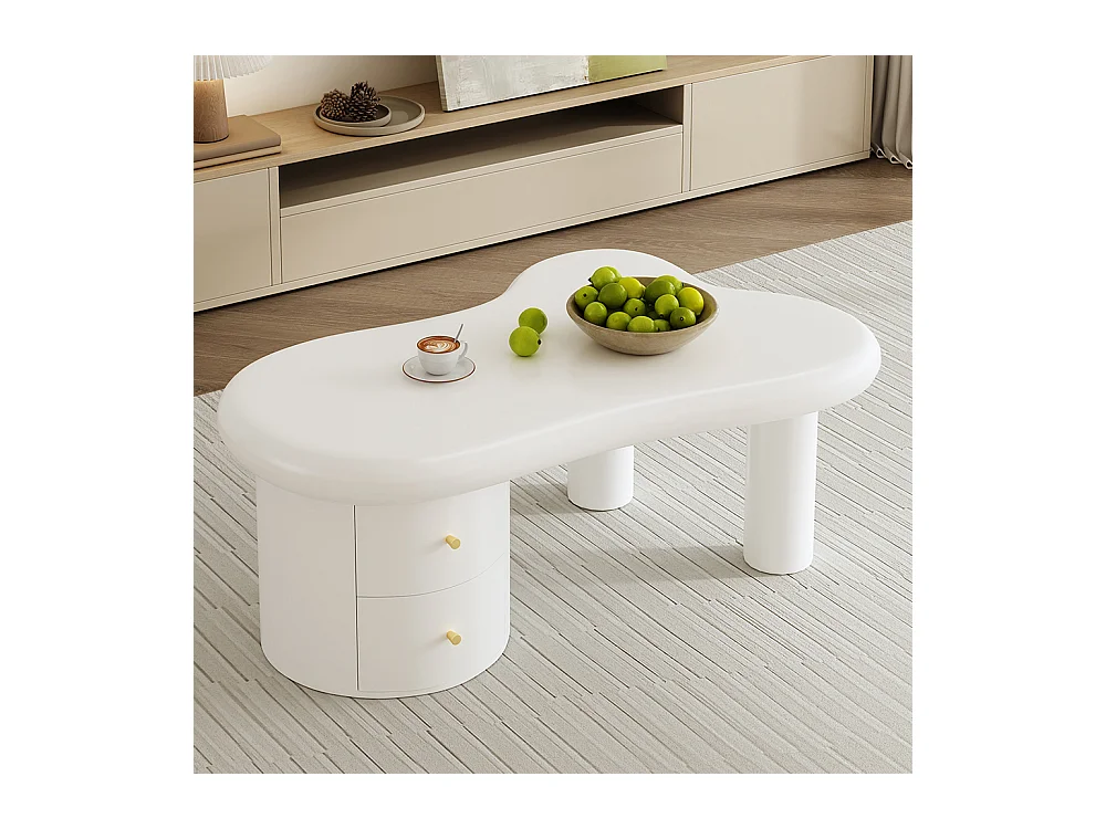 Table basse moderne blanche de forme irrégulière 2 tiroirs peu encombrante élégante stable parfaite blanc