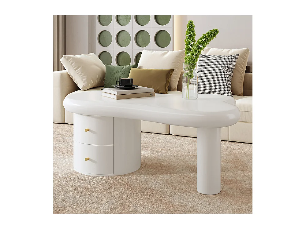 Table basse moderne blanche de forme irrégulière 2 tiroirs peu encombrante élégante stable parfaite blanc