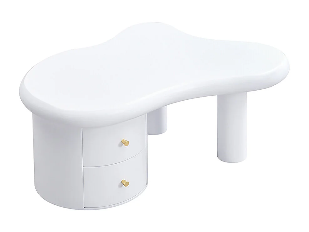 Table basse moderne blanche de forme irrégulière 2 tiroirs peu encombrante élégante stable parfaite blanc