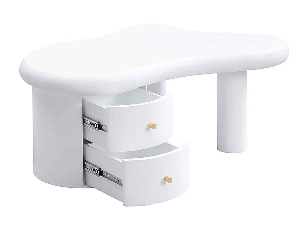 Table basse moderne blanche de forme irrégulière 2 tiroirs peu encombrante élégante stable parfaite blanc