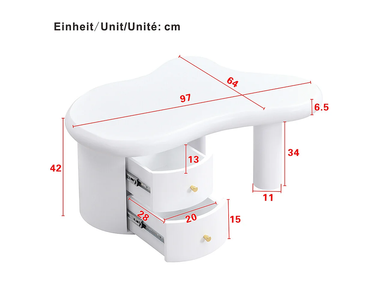 Table basse moderne blanche de forme irrégulière 2 tiroirs peu encombrante élégante stable parfaite blanc
