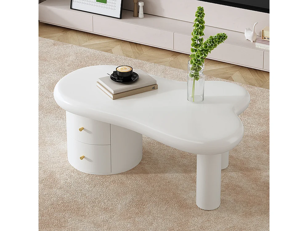 Table basse moderne blanche de forme irrégulière 2 tiroirs peu encombrante élégante stable parfaite blanc