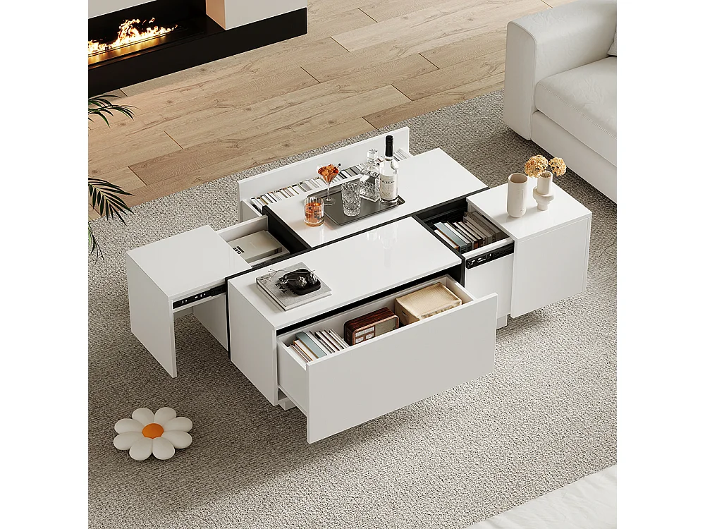 Table basse carrée 100x60x40 cm blanc patchwork brillant 4 tiroirs plateau coulissant charge 30 kg