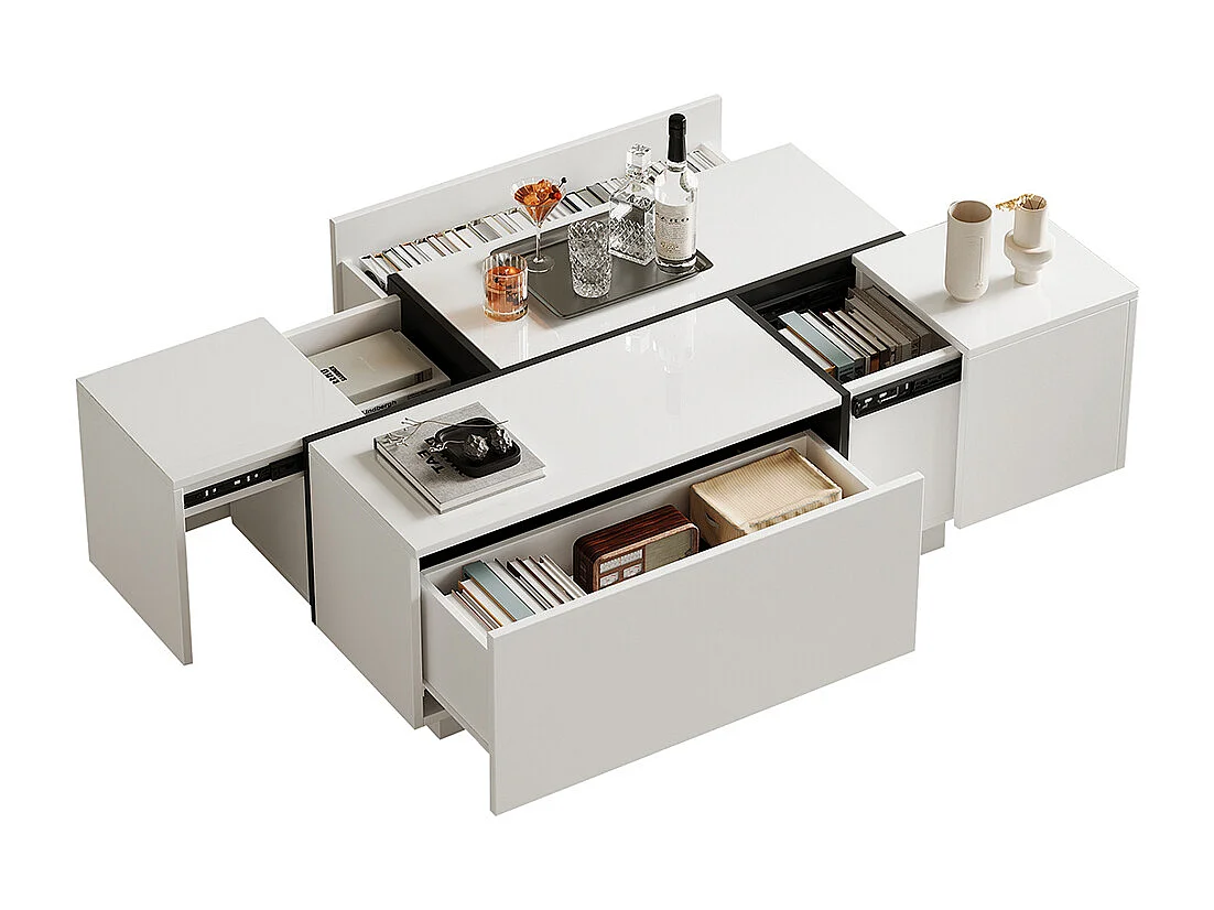 Table basse carrée 100x60x40 cm blanc patchwork brillant 4 tiroirs plateau coulissant charge 30 kg