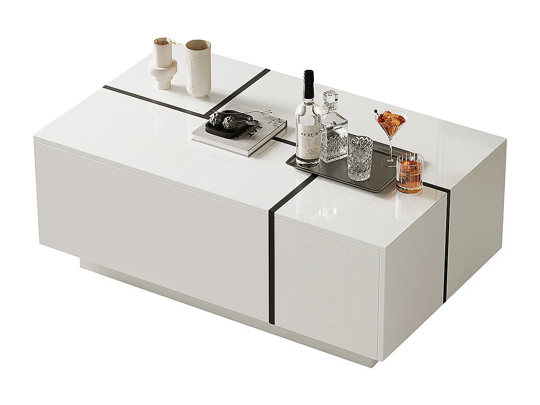 Table basse carrée 100x60x40 cm blanc patchwork brillant 4 tiroirs plateau coulissant charge 30 kg