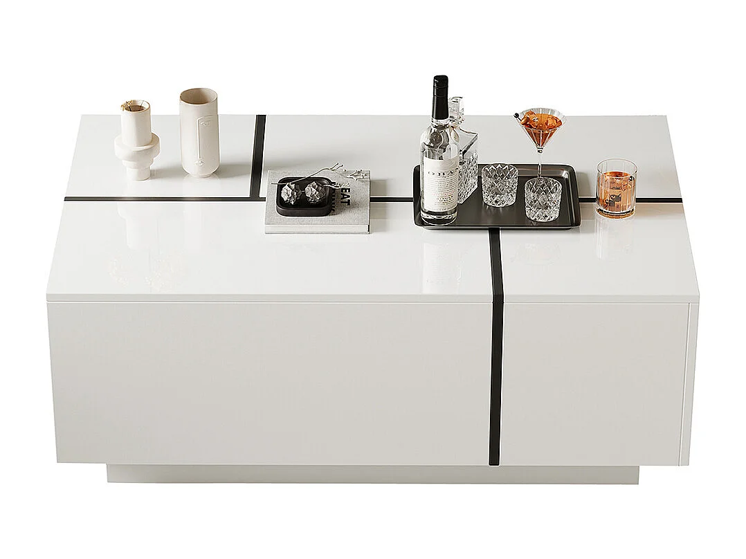 Table basse carrée 100x60x40 cm blanc patchwork brillant 4 tiroirs plateau coulissant charge 30 kg