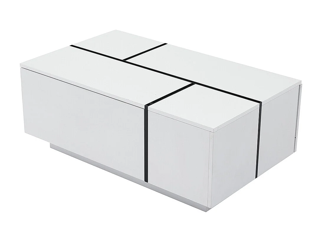 Table basse carrée 100x60x40 cm blanc patchwork brillant 4 tiroirs plateau coulissant charge 30 kg