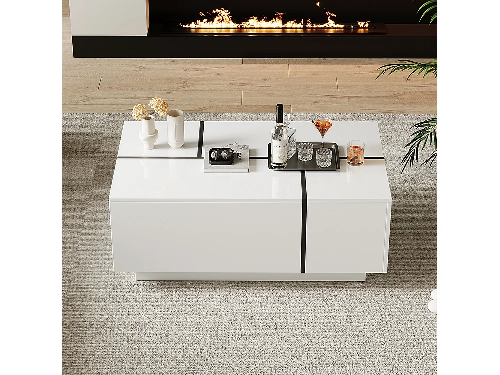 Table basse carrée 100x60x40 cm blanc patchwork brillant 4 tiroirs plateau coulissant charge 30 kg