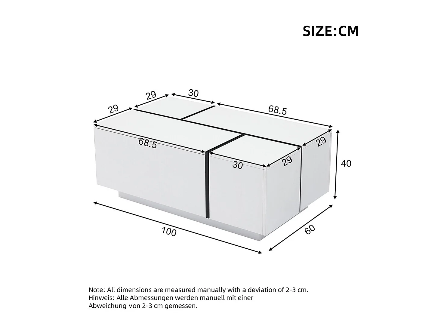 Table basse carrée 100x60x40 cm blanc patchwork brillant 4 tiroirs plateau coulissant charge 30 kg
