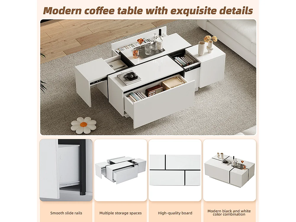 Table basse carrée 100x60x40 cm blanc patchwork brillant 4 tiroirs plateau coulissant charge 30 kg