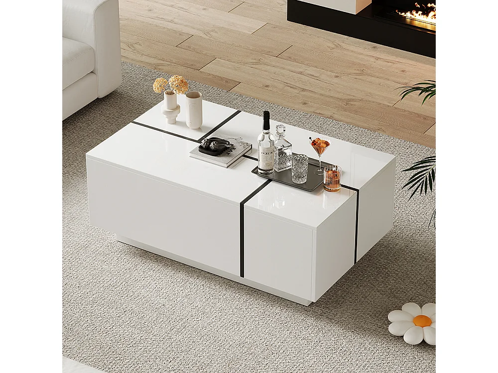 Table basse carrée 100x60x40 cm blanc patchwork brillant 4 tiroirs plateau coulissant charge 30 kg