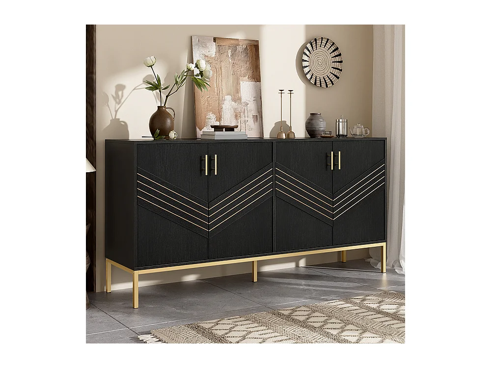 Buffet moderne à 4 portes design élégant en noir et or corps en MDF avec pieds en métal étagères réglables en hauteur