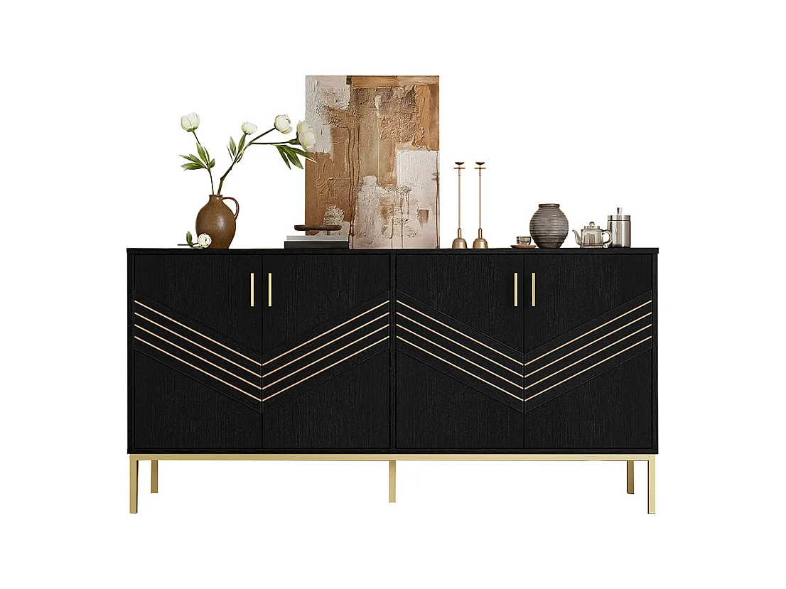 Buffet moderne à 4 portes design élégant en noir et or corps en MDF avec pieds en métal étagères réglables en hauteur