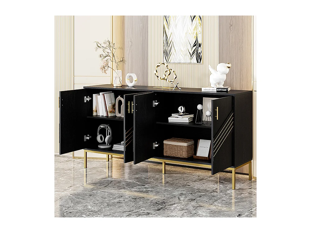 Buffet moderne à 4 portes design élégant en noir et or corps en MDF avec pieds en métal étagères réglables en hauteur