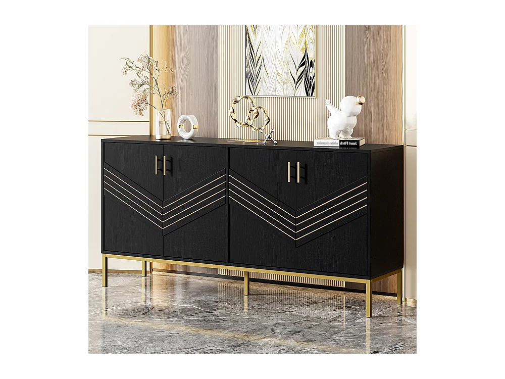 Buffet moderne à 4 portes design élégant en noir et or corps en MDF avec pieds en métal étagères réglables en hauteur