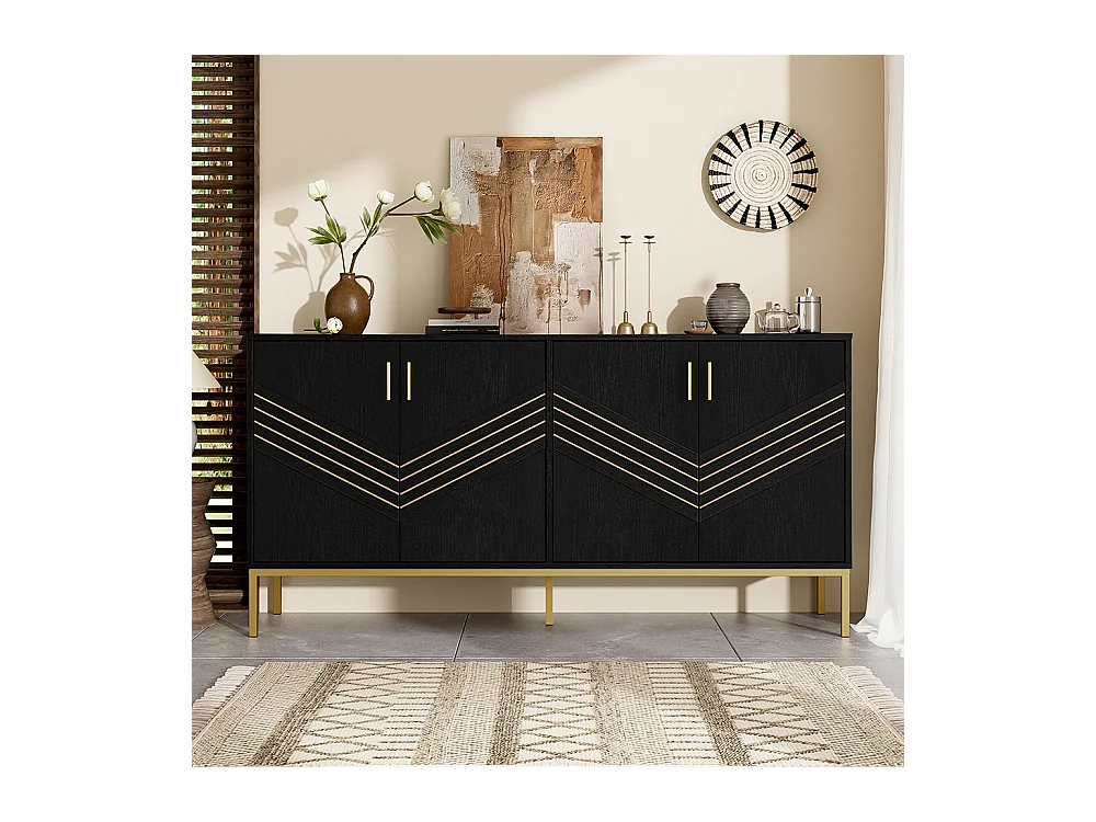 Buffet moderne à 4 portes design élégant en noir et or corps en MDF avec pieds en métal étagères réglables en hauteur