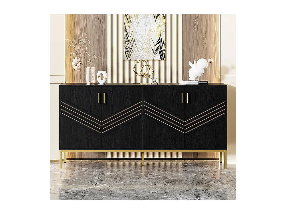 Buffet moderne à 4 portes design élégant en noir et or corps en MDF avec pieds en métal étagères réglables en hauteur
