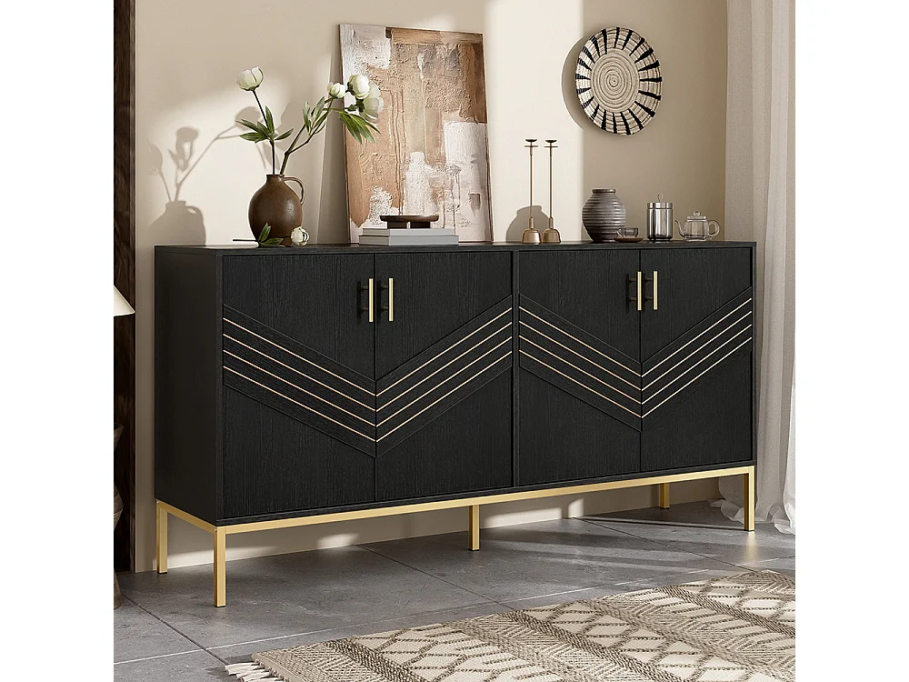 Buffet moderne à 4 portes design élégant en noir et or corps en MDF avec pieds en métal étagères réglables en hauteur