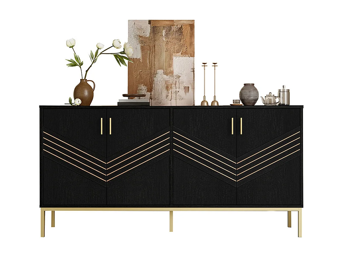 Buffet moderne à 4 portes design élégant en noir et or corps en MDF avec pieds en métal étagères réglables en hauteur